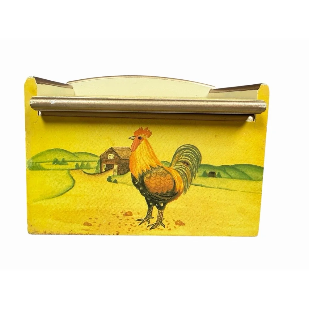 Vintage Rooster Recipe Box w Recipe Cards & Coasters Farmhouse Kitchen Decor Set